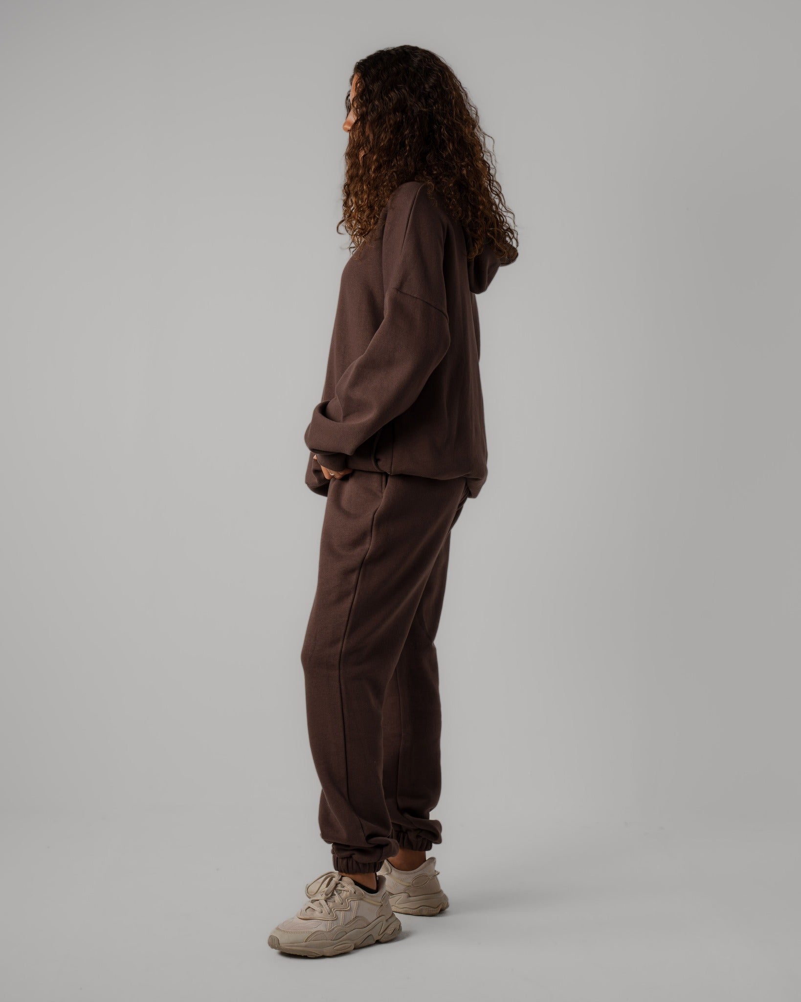 Matching set of brown Hoodie and Cuffed Jogger sideview