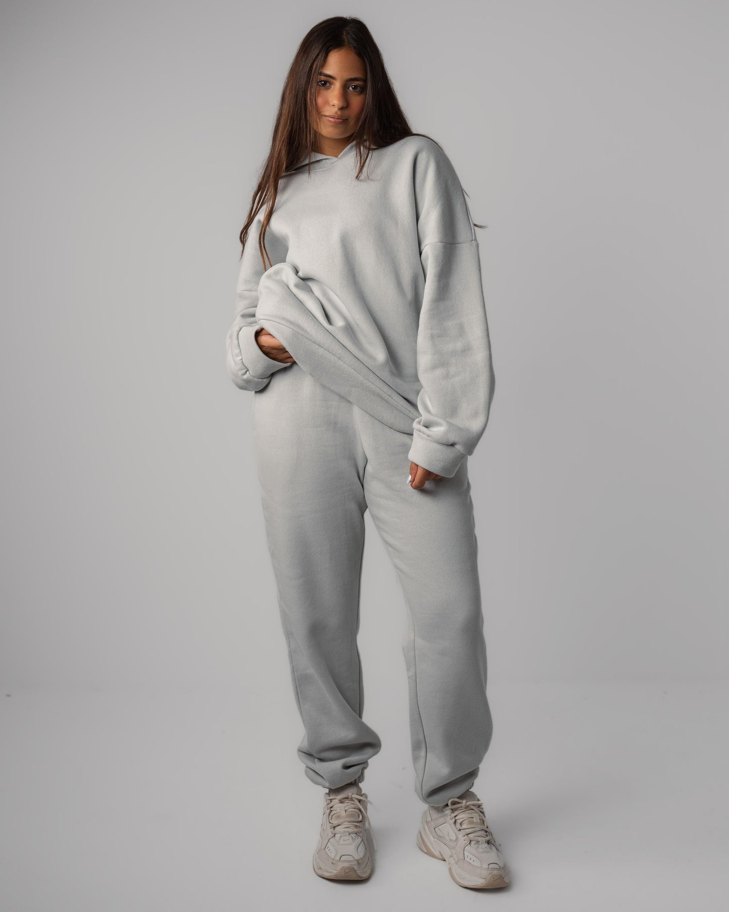 Matching set of gray Hoodie and Cuffed Jogger frontview